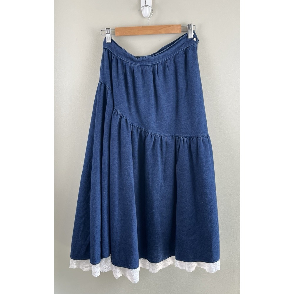 Miss‎ Rodeo America Vtg Denim Skirt Asymmetric Tier Pearl Snap Lace Edge Sz Sm?